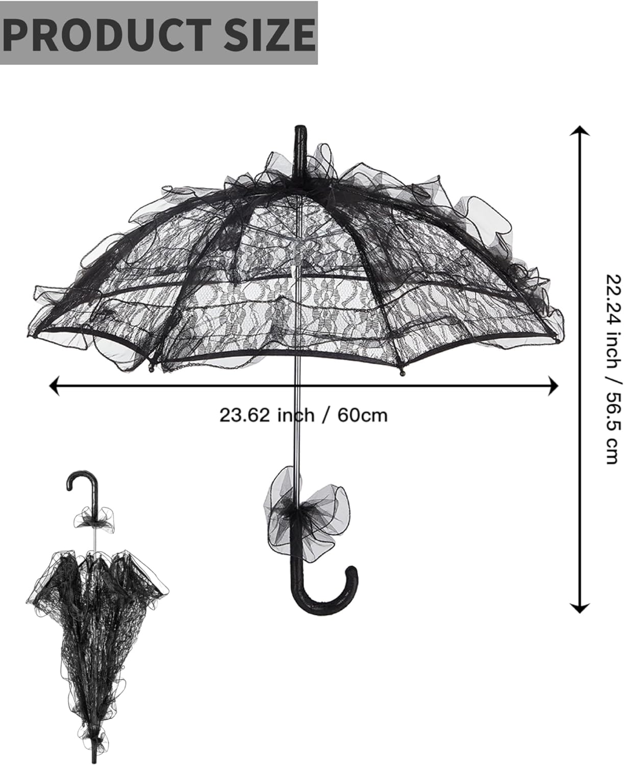 Lace Parasol Umbrella for Adult Women, 24 Inch Vintage Ruffle Lace Parasol, Elegant Laces Sunshade for Wedding Styling, Photography, Tea Party & Formal Events