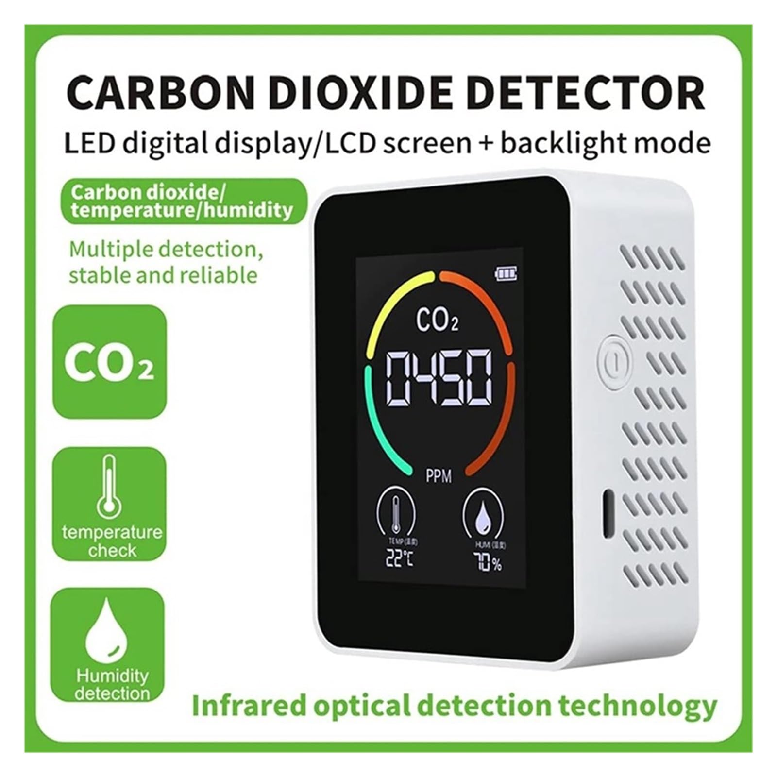 Misuratore Di Temperatura E Umidità Monitor Della Qualità Aria Rilevatore CO2 Digitale Inquinamento Atmosferico 3 In 1 Anidride Carbonica Rilevamento Rapido Preciso(White)