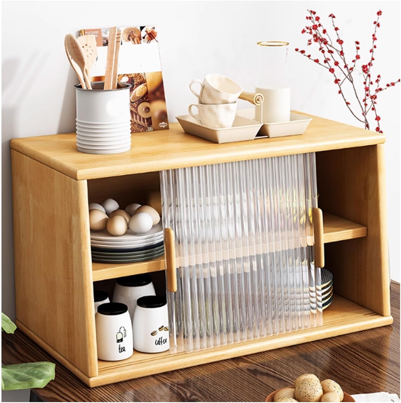 Multi-Layer Coffee Mug Holder, with 2 Sliding Glass Doors, Solid Wood Desktop Storage Cabinet, Coffee Cup Display Shelf(Brown,19.7x11.8x13.8in)