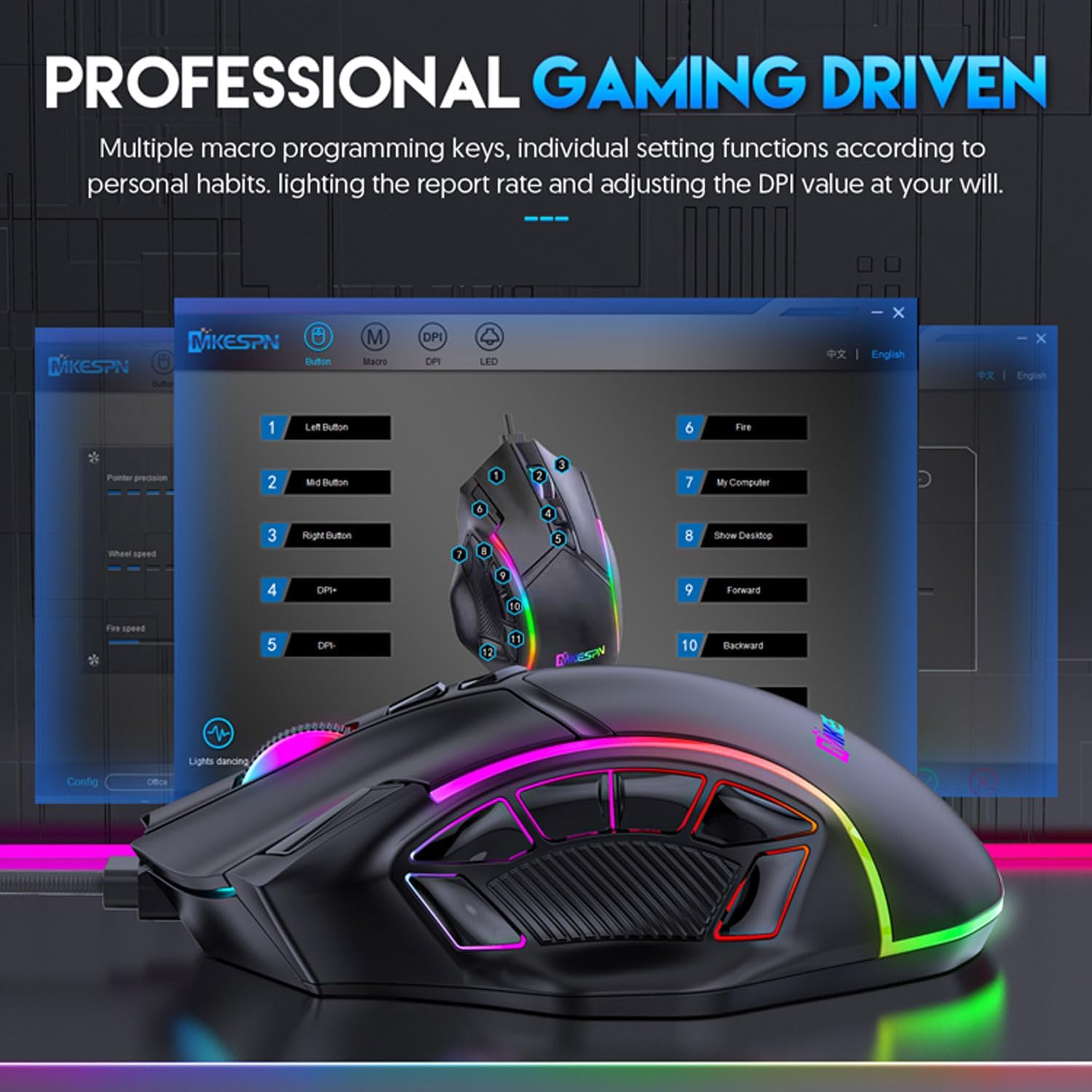 MKESPN X15 Gaming Mouse with software interface showing button assignments