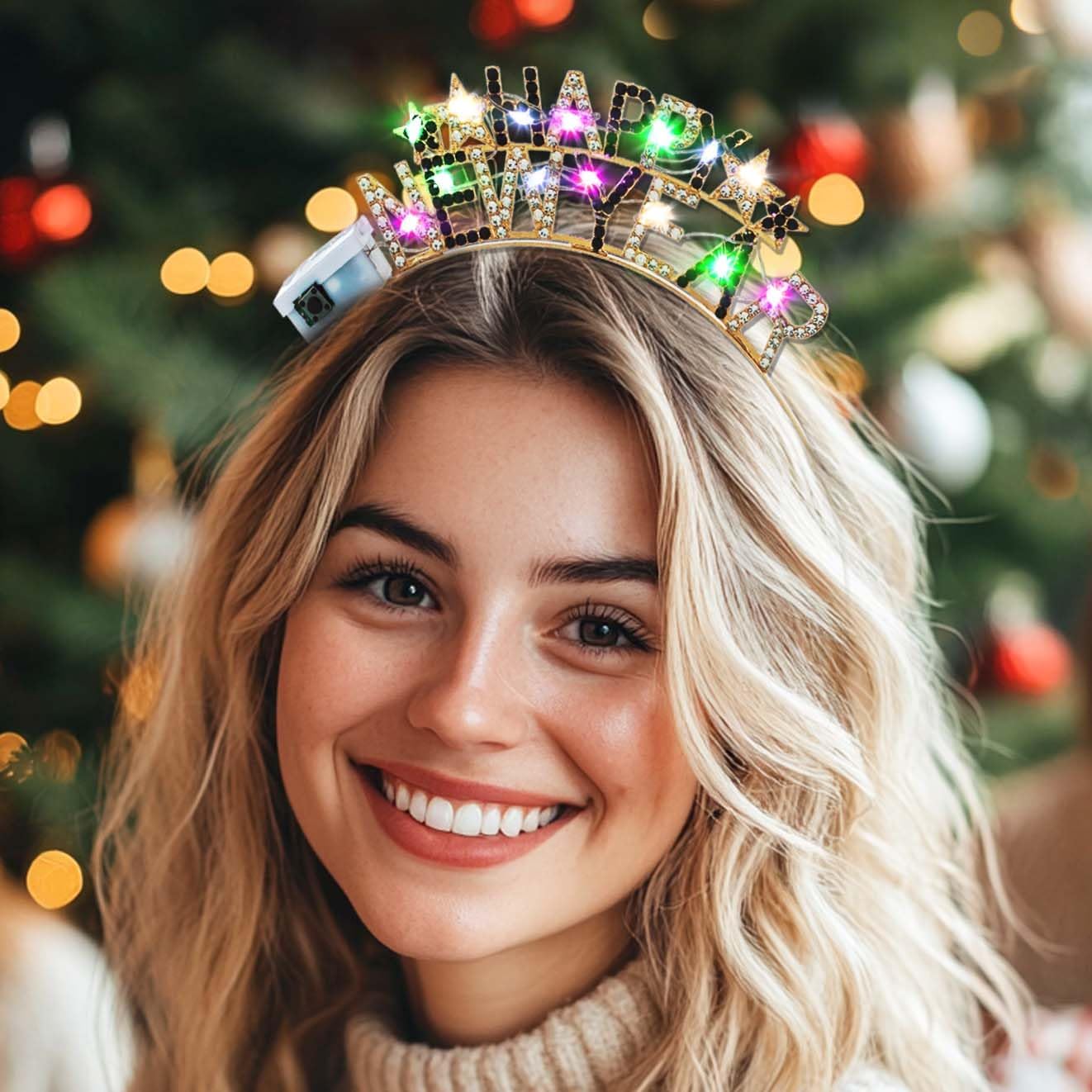 Olbye Light up Happy New Year Headbands Glowing Rhinestone New Year's Eve Headband Star Glitter Led Hairbands Flashing Headpiece Holiday Hair Accessories for Women - Image 4