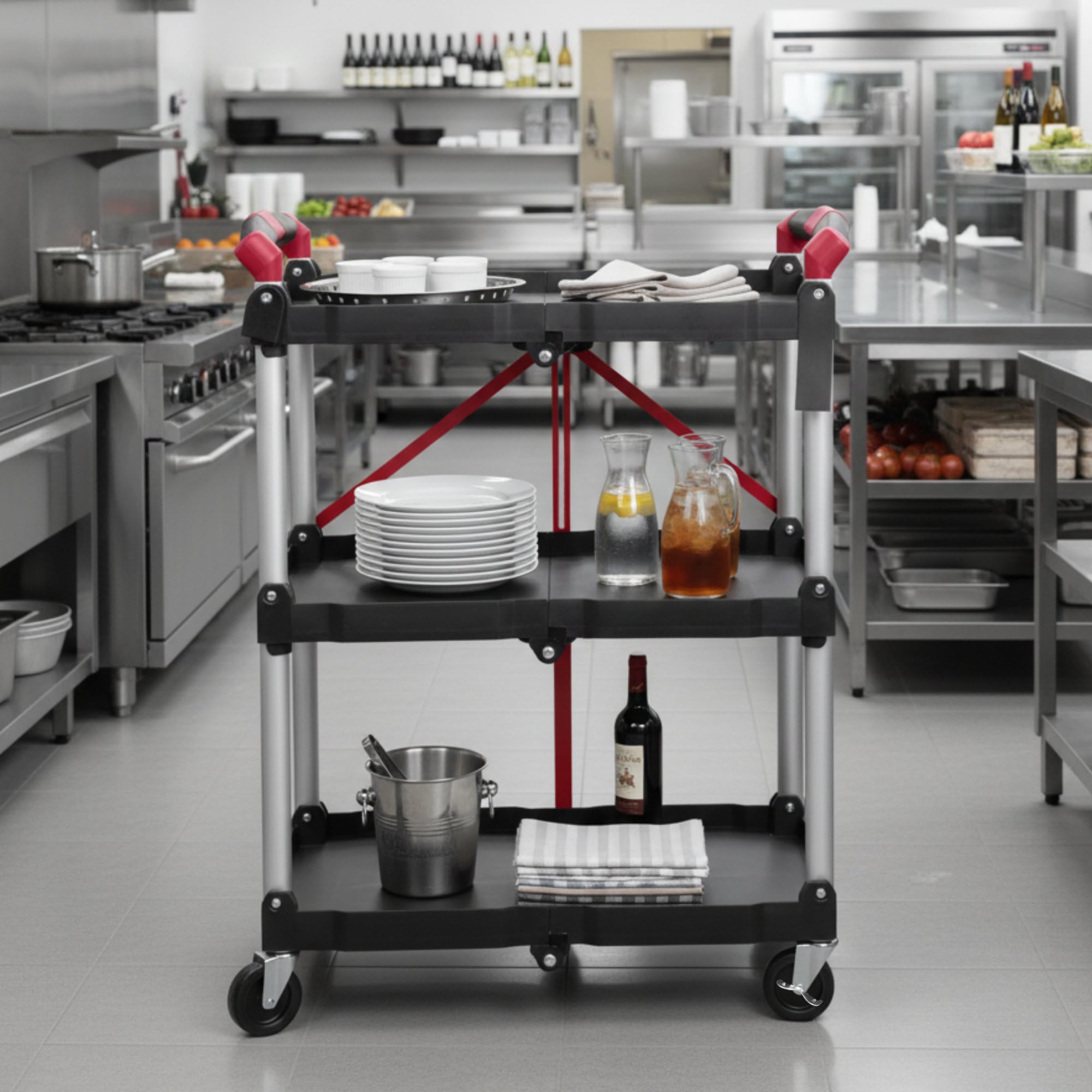 Mahlzeit Carrello da Portata Pieghevole con Ruote, 64 x 40,5 x 82 cm, Portata Fino a 150 kg, Scaffale Pieghevole a 3 Livelli, Rosso/Nero
