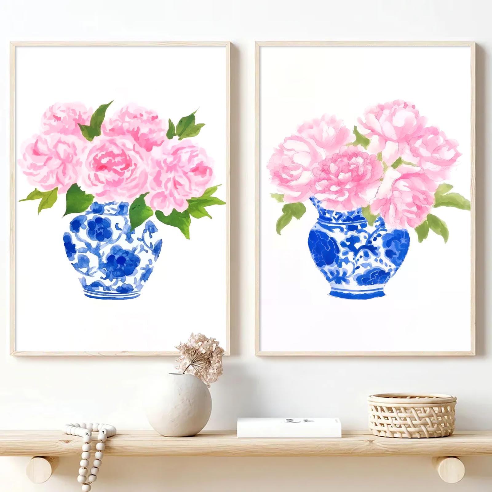 Pink Floral Watercolor Art Blue And White Vase Prints Flower In