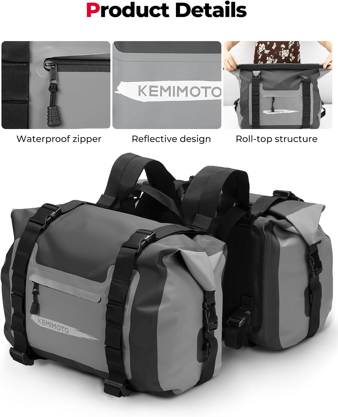 KEMIMOTO Waterproof Motorcycle Saddlebags 50L(25Lx2) Large Saddlebag Adventure Dual Sport Bike Luggage Bag Saddle Bags Side Bags for Dirtbike Motorbike Travel Motorcycle Panniers Bags Grey
