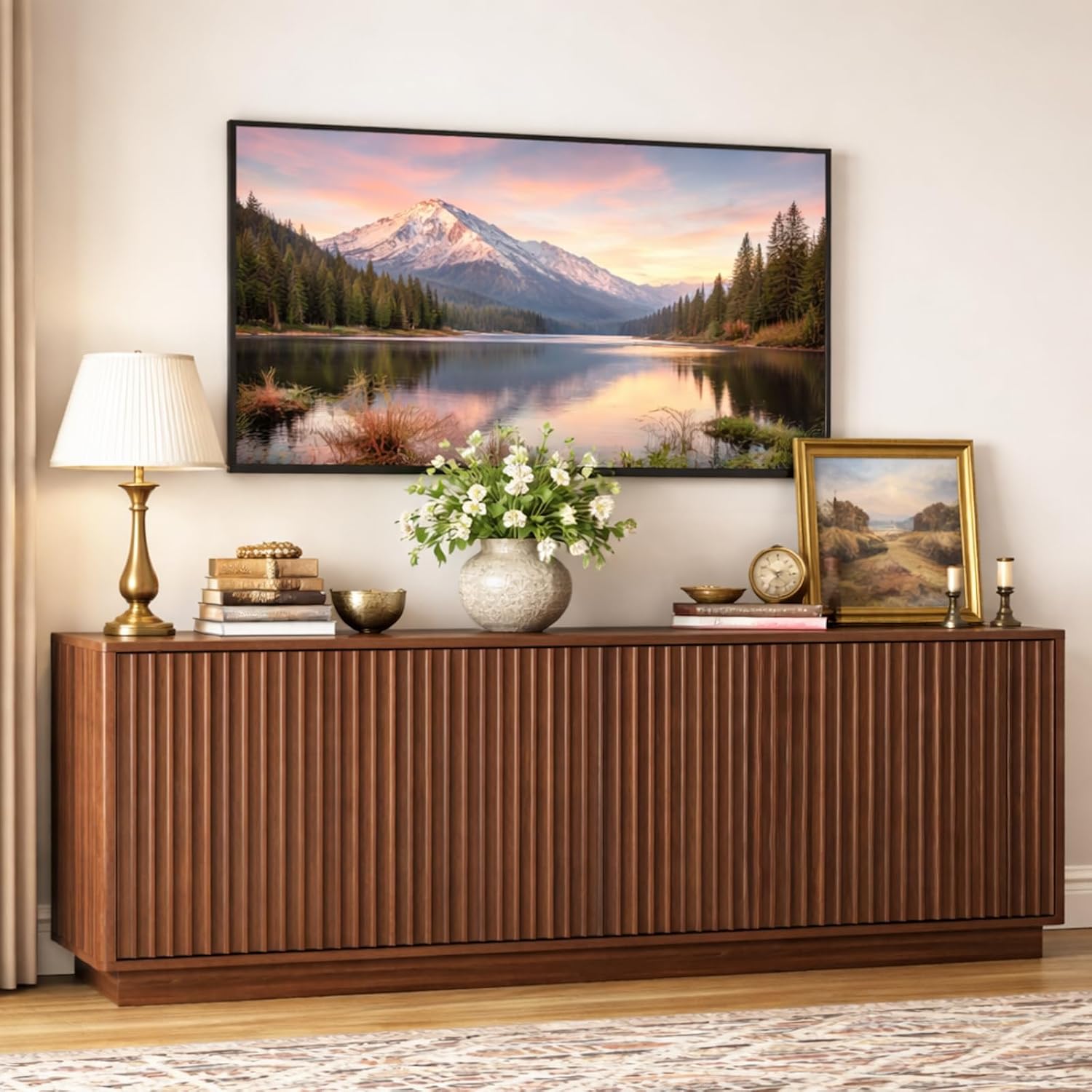63'' Fluted TV Stand for TVs up to 75'', Long Modern Media Console with Storage Cabinets & Adjustable Shelves, Low Profile Entertainment Center for Living Room or Bedroom (Walnut)