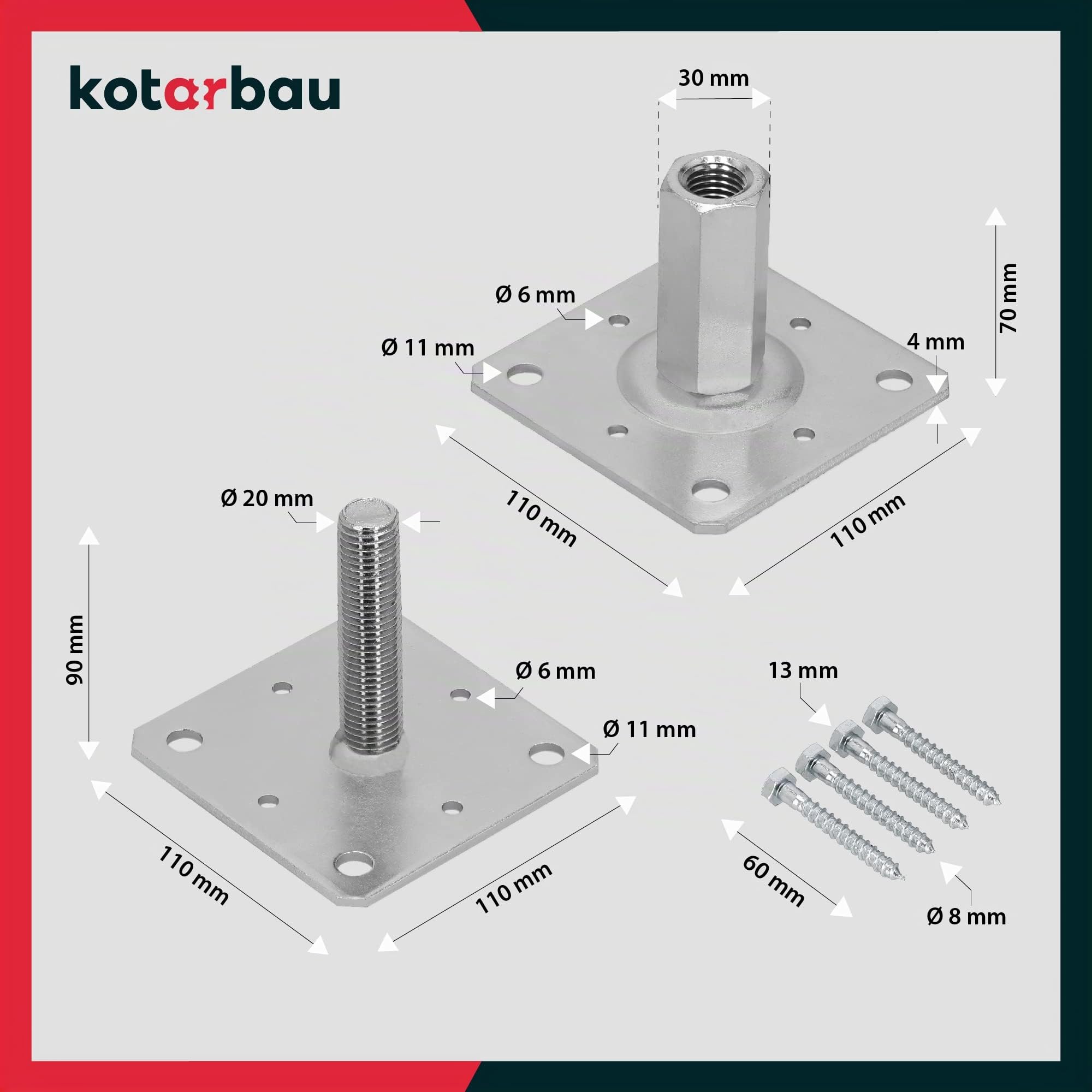 KOTARBAU® 4 uds. Soporte para Poste - Acero Galvanizado - 110 x 110 mm - Plateado - Pie de Pilar Regulable en Altura - 90-150 mm - Anclaje para Poste - Sujeción Galvanizada - Anclajes Madera