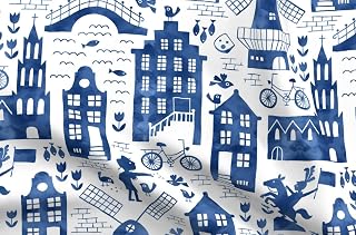 Spoonflower Fabric - Delft Royal Dutch Blue Watercolor Large Scale Windmill Folk Art Floral Printed on Petal Signature Cotton Fabric Fat Quarter - Sewing Quilting Apparel Crafts Decor