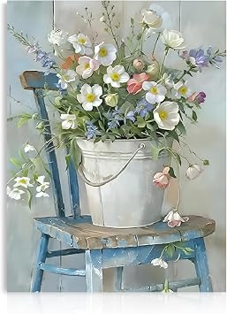 Dazzlewall Rustic Vintage Floral Wall Art, Daisy Wildflowers in Bucket for Farmhouse Bathroom Living Room 12x16 in Unframed