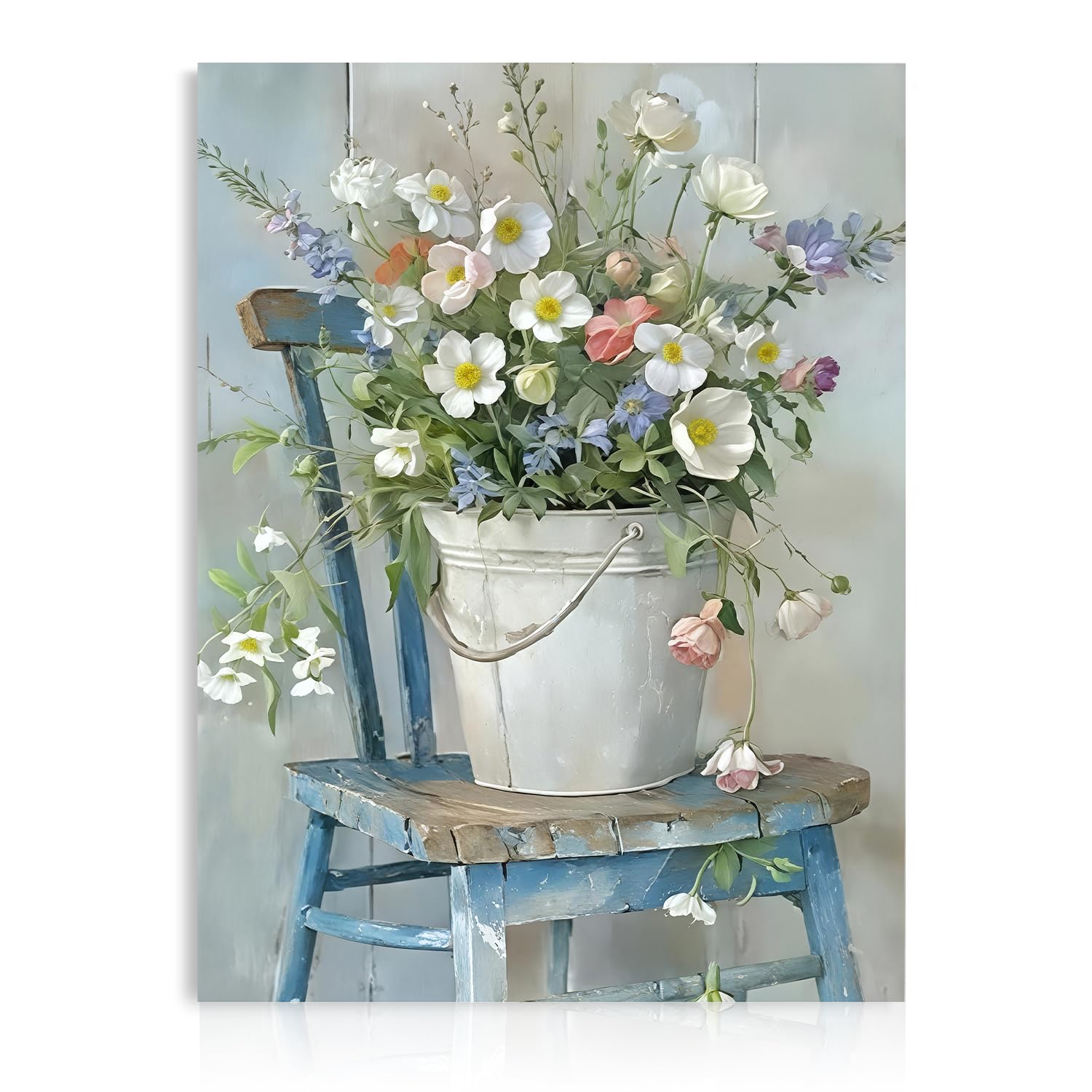 Dazzlewall Rustic Vintage Floral Wall Art, Daisy Wildflowers in Bucket for Farmhouse Bathroom Living Room 12x16 in Unframed