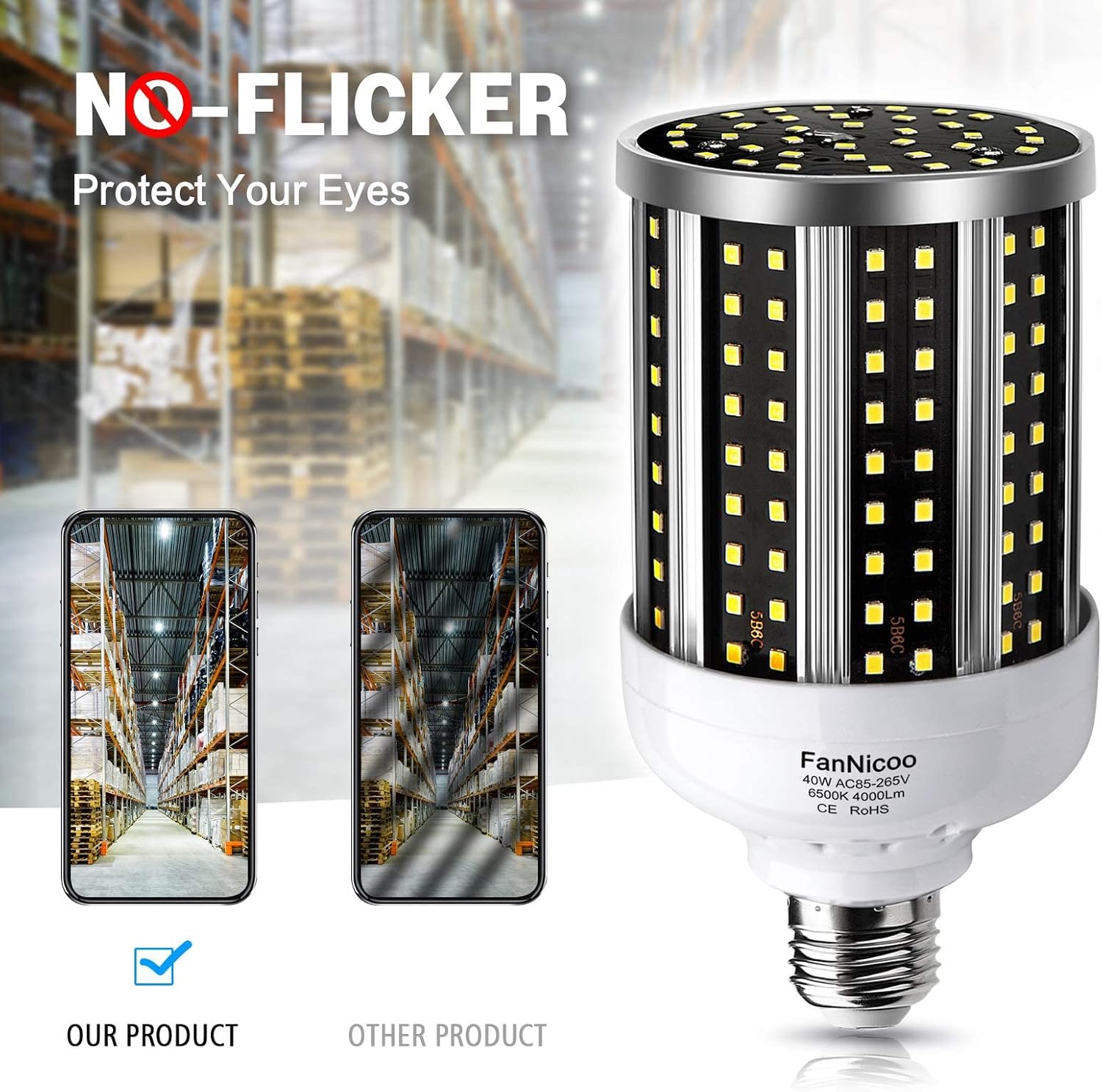 LED Corn Light Bulb 2 Pack 280W Equivalent Cool Bright Daylight White 40W 6500K 4000 Lumen E26/E27 Medium Base New Corn Shape 360°Beam Angle for Outdoor Indoor Factory Warehouse Garage Shop Street