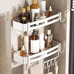 SRURLLUG Shower Caddy Bathroom Shelve Adhesive Shower Caddy Organizer Shelves Rack With Hooks No Drilling Rustproof Wall Mounted