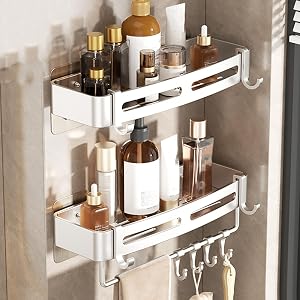 SRURLLUG Shower Caddy Bathroom Shelve Adhesive Shower Caddy Organizer Shelves Rack With Hooks No Drilling Rustproof Wall Mounted