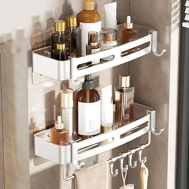 SRURLLUG Shower Caddy Bathroom Shelve Adhesive Shower Caddy Organizer Shelves Rack With Hooks No Drilling Rustproof Wall Mounted