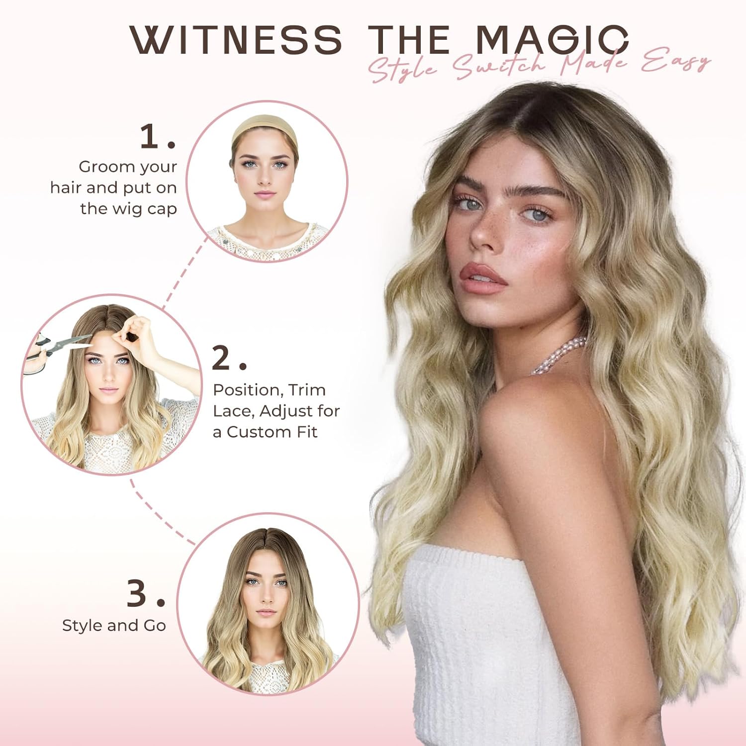 Long Wavy Wig for Women, 26 Inch Synthetic Lace Hairline Ombre Blonde Wigs, Natural-Looking Secure Fit, Soft Heat Resistant Fiber