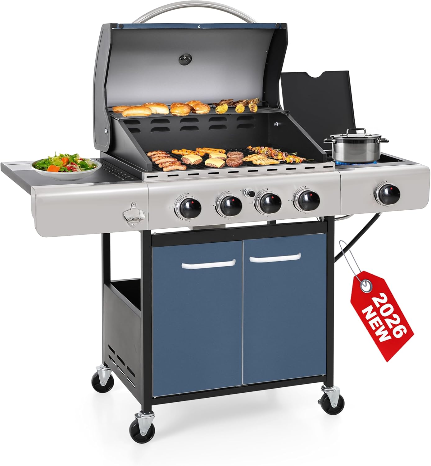 GREEN PARTY 4 Burner BBQ Propane Gas Grill with Side Burner & Porcelain-Enameled Cast Iron Grates, 545 SQIN Grilling Area 42,000 BTUs Barbecue Grill for Outdoor Cooking Garden Patio Backyard, Blue