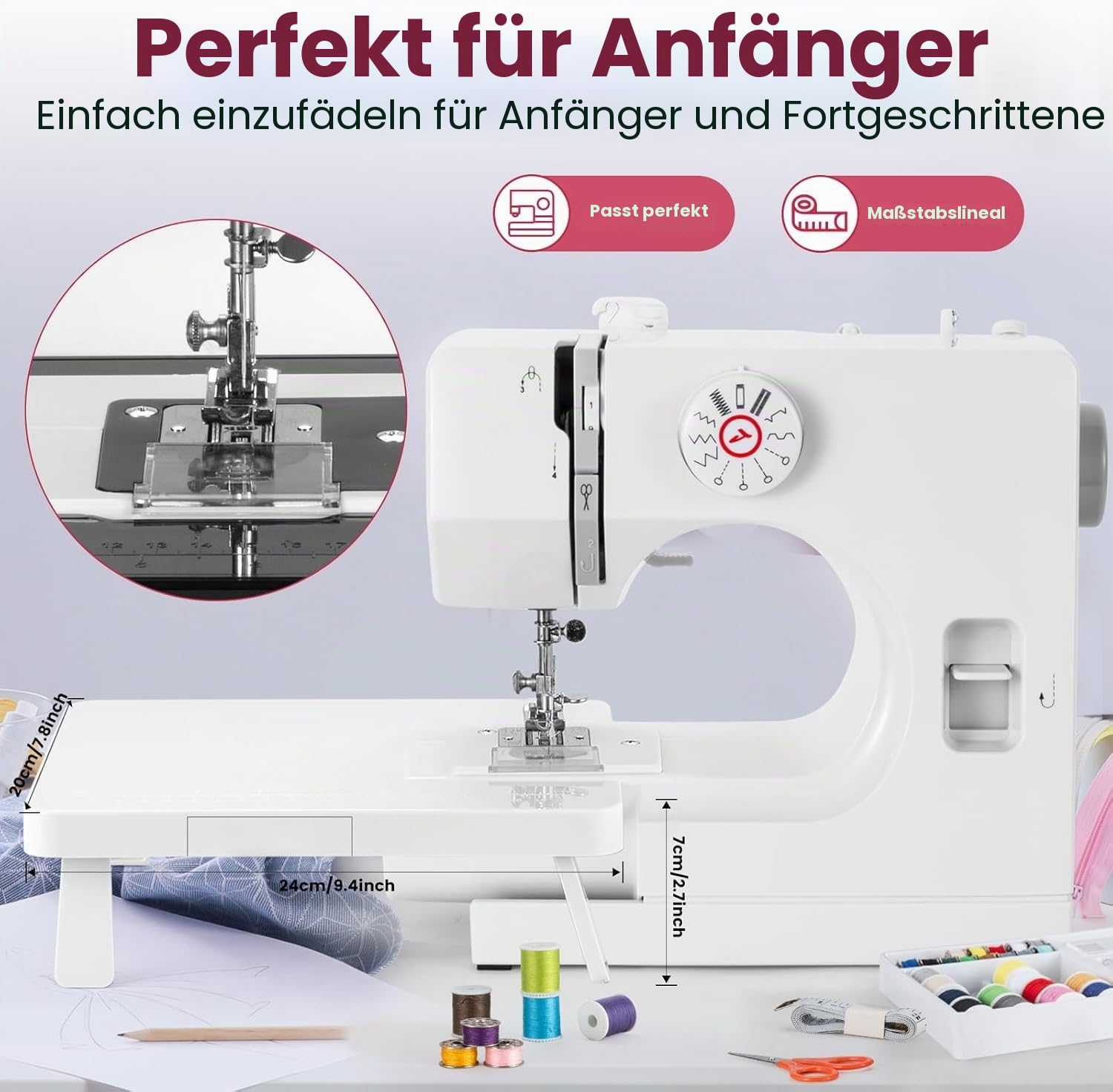 Mechanische Nähmaschine für Näh-Einsteiger & Anfänger, 12 Stichprogrammen, Freiarm, Nählicht & elektrischem Fußanlasser mit Fußpedal & Nähset