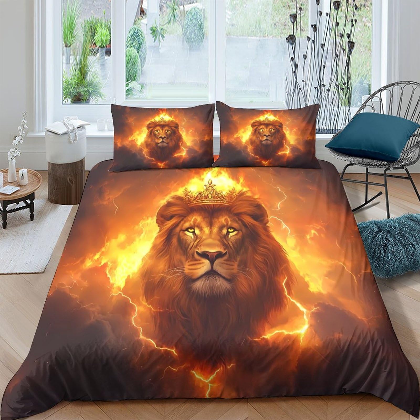3D Printed Fiery Lion Duvet Cover Microfiber Orange Brown Quilt Cover Set with 2 Pillowcases for Bedroom Decor Single（135x200cm）