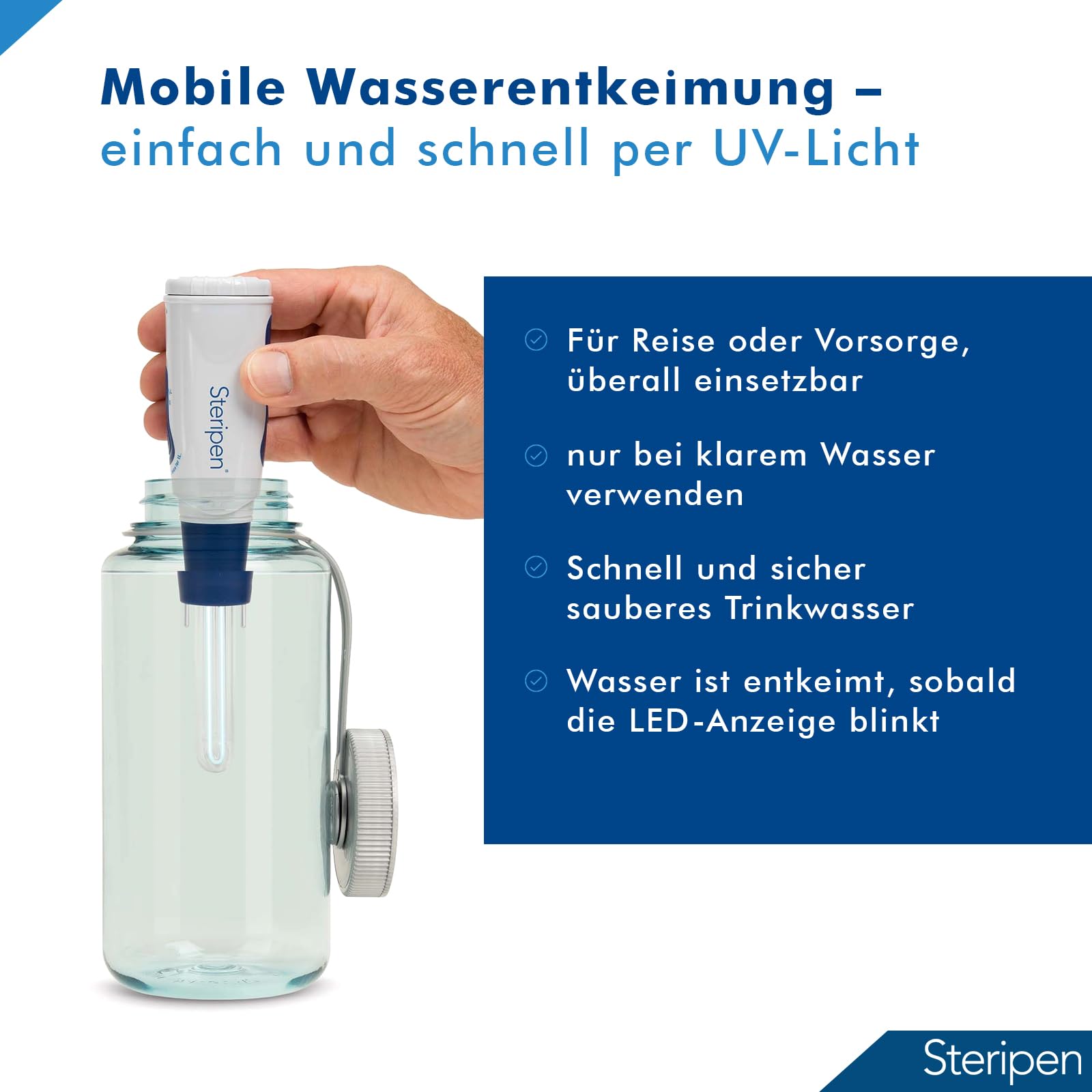 Steripen Classic 3 UV-Wasserentkeimer 60110077 | Wasser-Desinfektion mit UV Licht | wirkt gegen Protozoen, Bakterien, Viren | 90 Sek. 1 L Trinkwasser Entkeimer