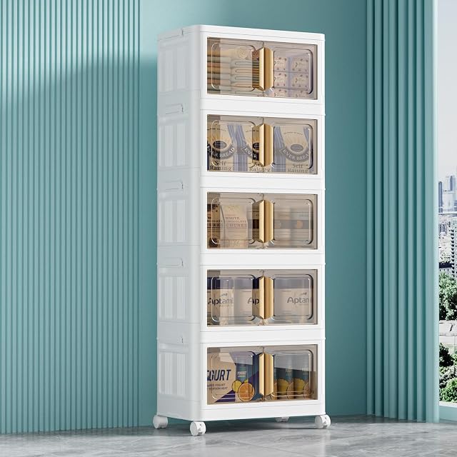 Boîtes de rangement avec lids 5-Tier Bacs de rangement en plastique, Boîte pliante avec roues, Conteneurs empilables Organisateurs pour la maison 49cmx29cmx127cm