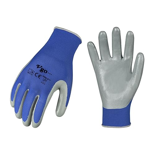 Vgo... 5 pares de guantes de trabajo de seguridad, guantes de jardinería, revestimiento de nitrilo antideslizante, guantes de inmersión (talla S,