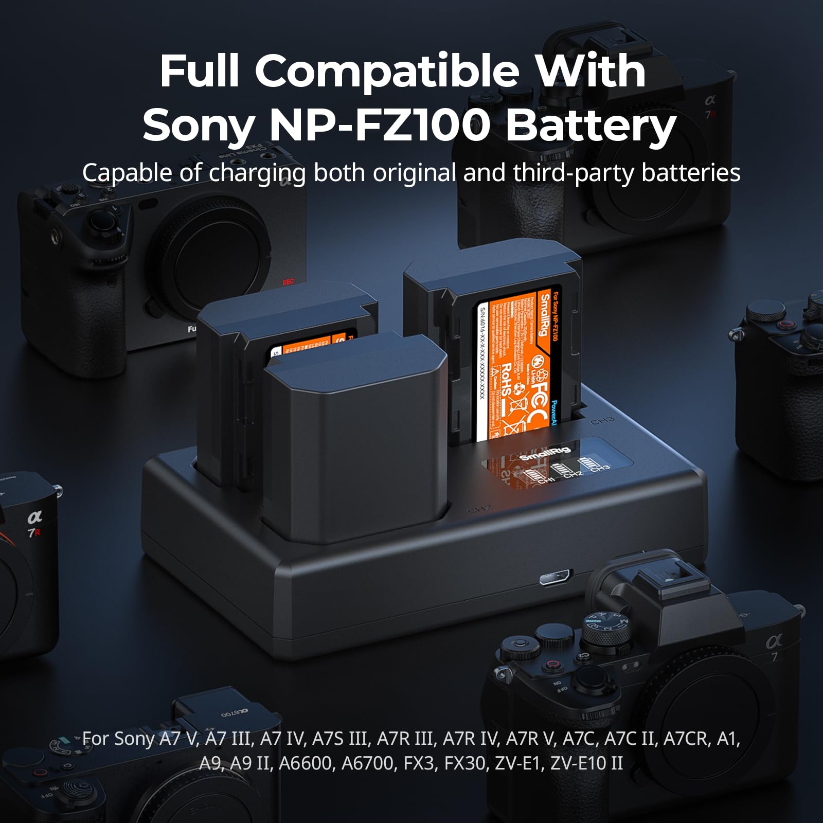 SMALLRIG Kit de baterías NP-FZ100 para cámaras Sony, cargador LCD de triple ranura con paquete de 3 baterías de 1940 mAh para Sony A7V A7IV A7III A7C A6700 A6600 FX3 FX30 ZV-E1 ZV-E10II A9III A7RV
