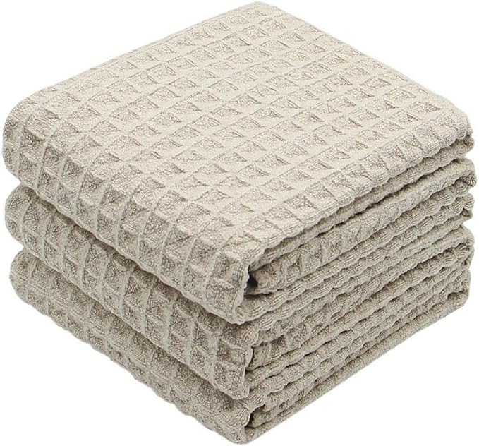 Waffle Weave Kitchen Towels Thick Microfiber Dish Drying Towels Absorbent Tea Towels Hand Towel Lint Free 16Inch x 24Inch 3 Pack Khaki