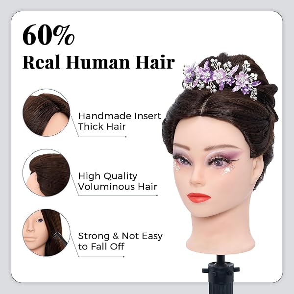 Testa per Parrucchieri con Capelli umani veri al 60%,28 Pollici,Cosmetologia Testa Bambola da Truccare e Pettinare,Testa Manichino con Morsetto da Tavolo+Ciglia Finte+Capelli Styling Treccia Set - 2