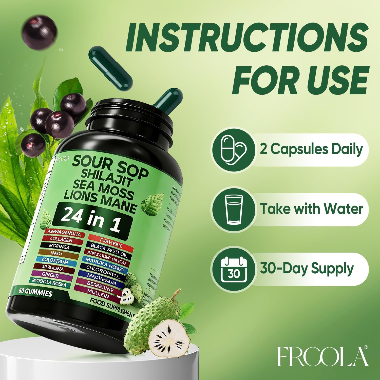 24-in-1 Soursop Graviola Capsules with Sea Moss, Shilajit, Lions Mane, Natural Supplement for Immune Support, Energy, Gut Health, Vegan, 60 Capsules