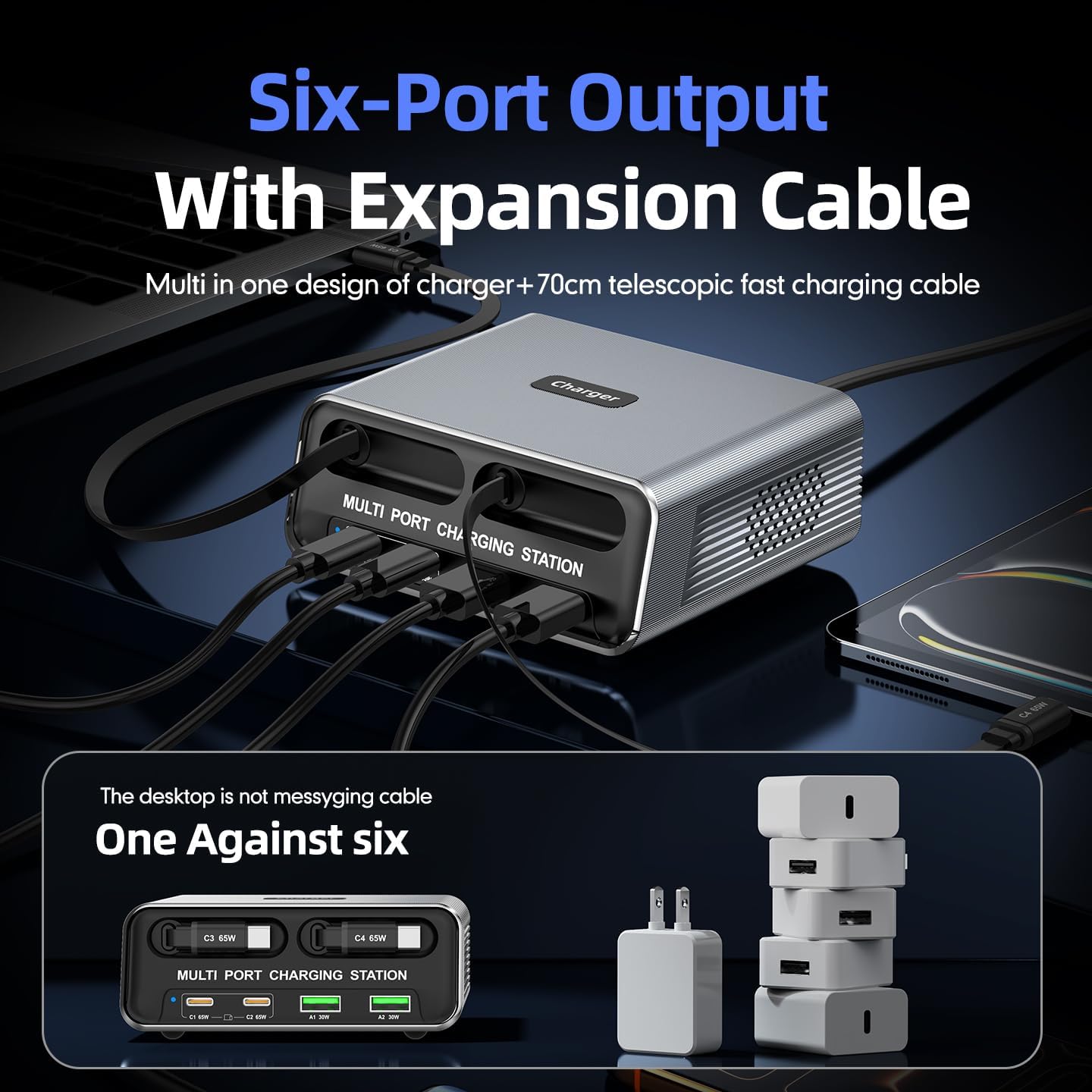 6-in-1 Retractable USB C Charger Block, 100W GaN Fast Charging Station for Multiple Devices with Dual Retractable Cables, PD 65W Compatible with MacBook Pro, Dell, Steam Deck, iPhone 17/16, Galaxy S26