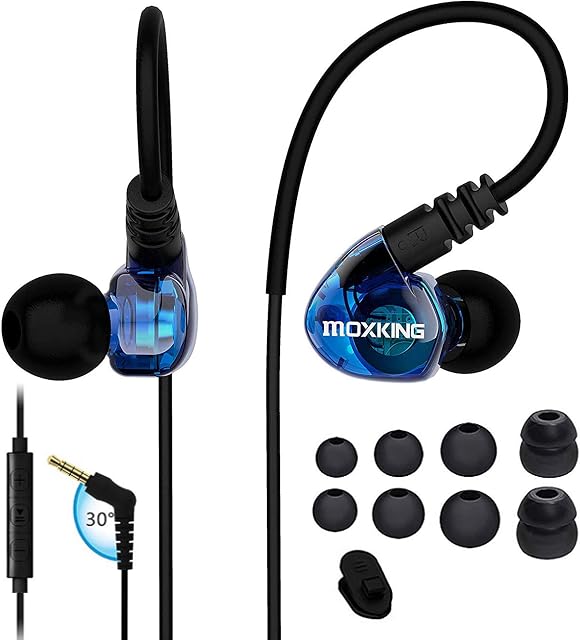 MOXKING Running Sports Earbud Headphones Wired Over Ear In Ear Headsets Noise Isolation waterproof Earbuds Enhanced Bass Stereo Earphones with Microphone and Remote for Running Jogging Gym (BLUE)