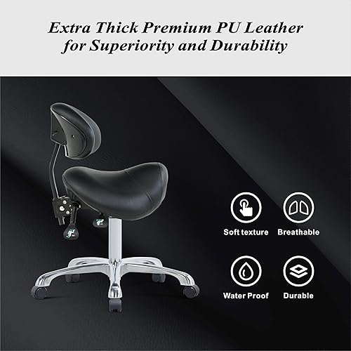 Miniatura 6 de Silla de montar con ruedas con soporte de espalda, silla ergonómica ajustable en altura con ruedas para higienista dental, salón, esteticista..