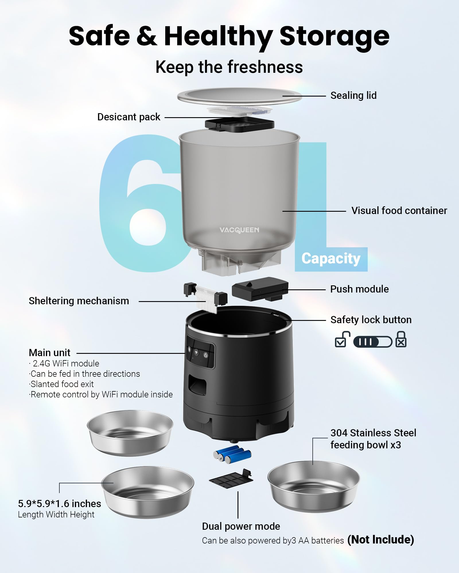 Automatic Cat Feeder for 3 Cats, 6L/25 Cups Smart WiFi Pet Feeder, Strong Anti-Jam System, Dual-Effect Desiccant Cat Food Dispenser, with 10S Voice Recorder for Cats and Small Dog(Black)