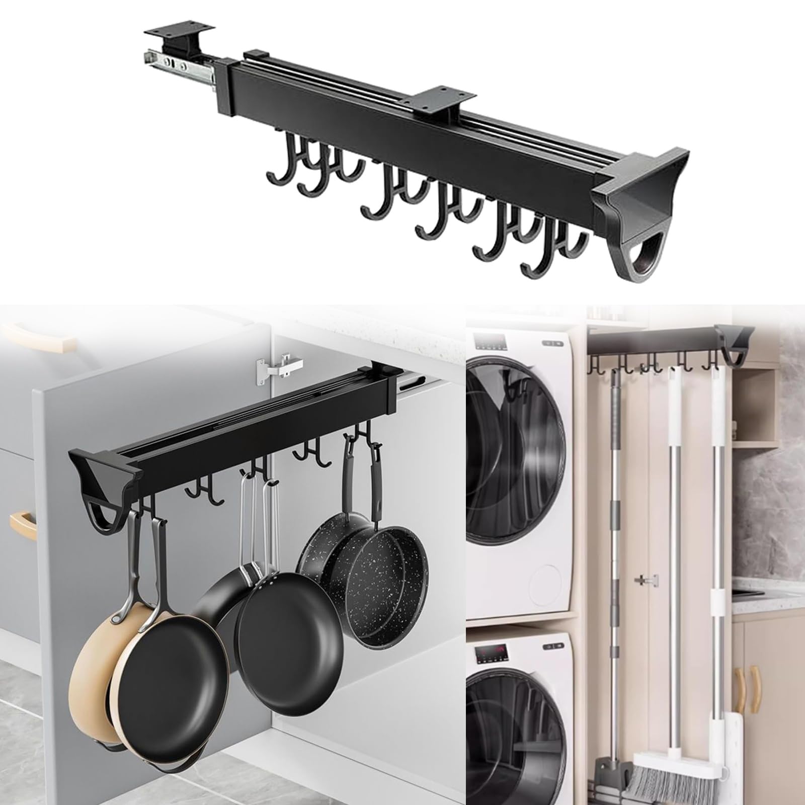 Pull Out Pots and Pans Organizer for Cabinet, Hanging Telescopic Sliding Kitchen Utensils Holder with Adjustable Hooks, Extended Cooking Utensil Organizer Load 30kg/66Ibs ( Size : 46cm/18.11in(2pcs) )