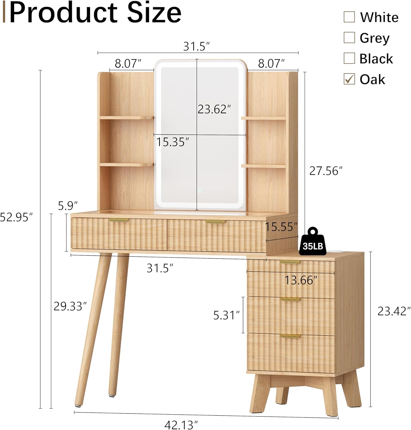 42'' Fluted Makeup Vanity Desk with LED Lights Mirror & Charging Station, Modern Glass Top Vanity Table with 5 Drawers & Open Shelves, Dressing Table for Bedroom, Living Room, Oak