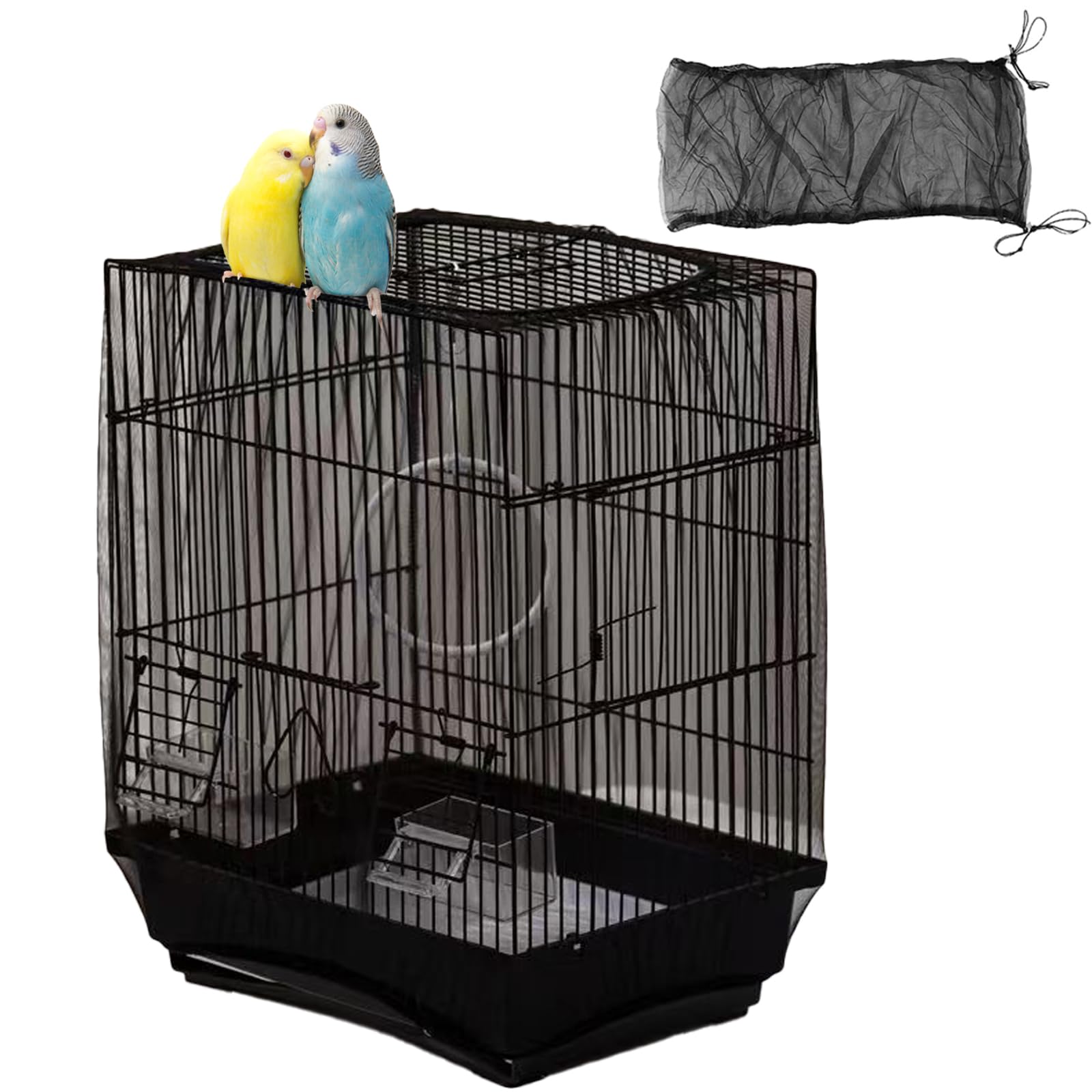 Bird Cage Cover, Parakeet Cage Acessories Adjustable Seed Catcher Birdcage Seed Catcher Birds Cage Netting Bird Cage Mesh Cover for Bird Cages (Black)