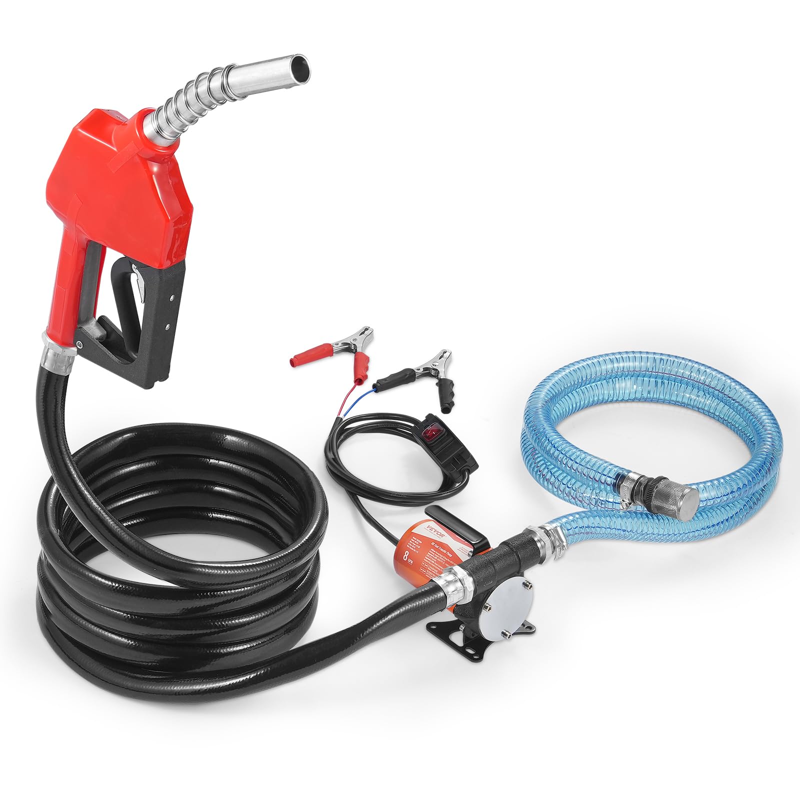 VEVOR Pompe Transfert Carburant Électrique Portable 12 V CC 8 GPM 30 L/​min 1/​5 CV Buse de Carburant Arrêt Automatique, Long Tuyau Entrée et Sortie, pour Mélange d'Essence, Diesel, Kérosène, Méthanol