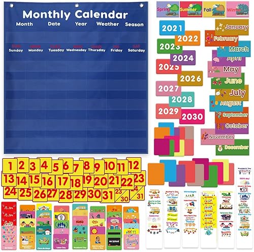 Miniatura 3 de Calendario mensual de bolsillo para aula, mensual y climático, calendario mensual con tarjetas para suministros de aula (azul)
