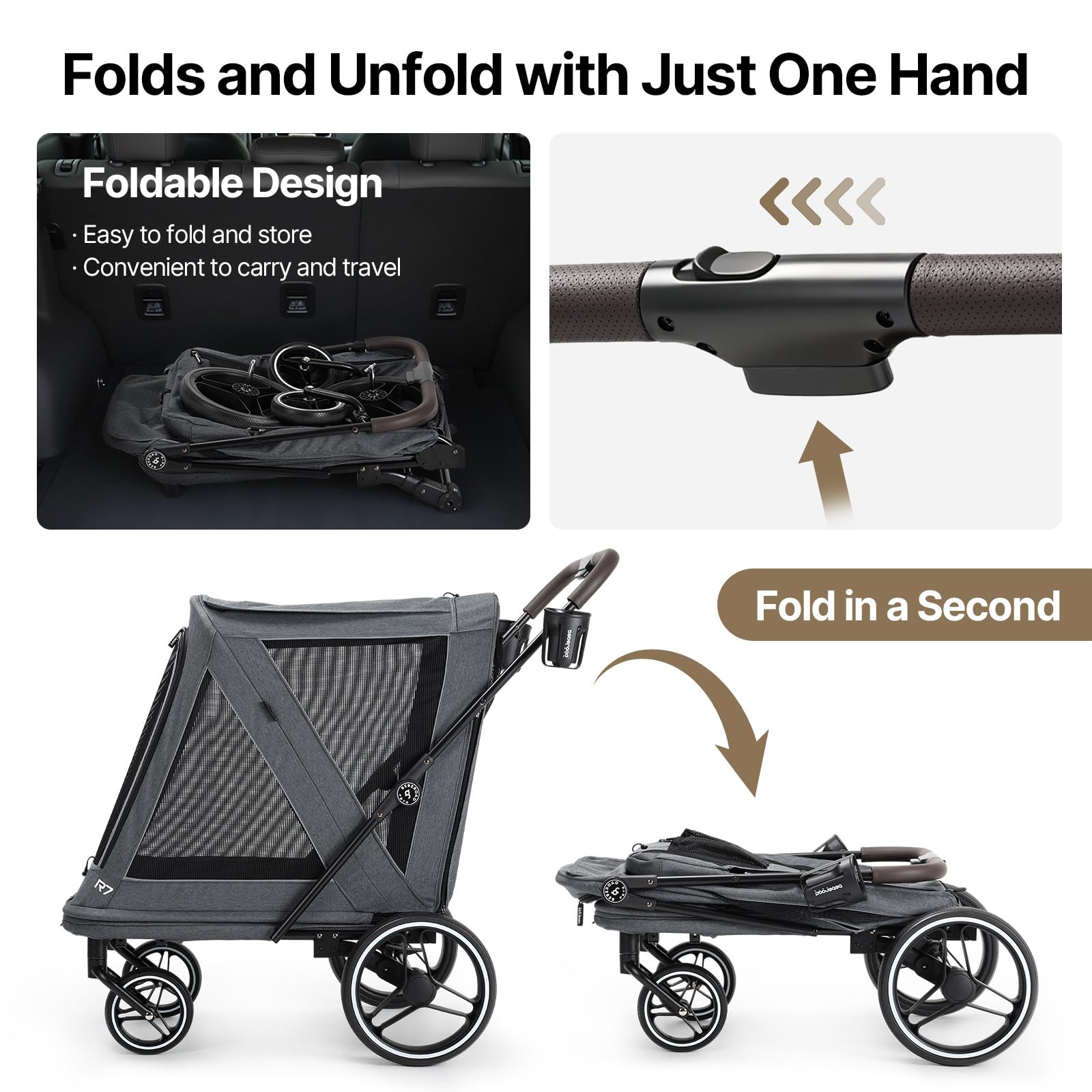 Beberoad 2-in-1-Hundebuggy & Fahrradanhänger für große Hunde, R7 All-Terrain Haustier-Kinderwagen mit ER-Reifen und Stoßdämpfung, Ein-Sekunden-Faltung, 360°-Netz-Belüftung, abnehmbares, waschbares