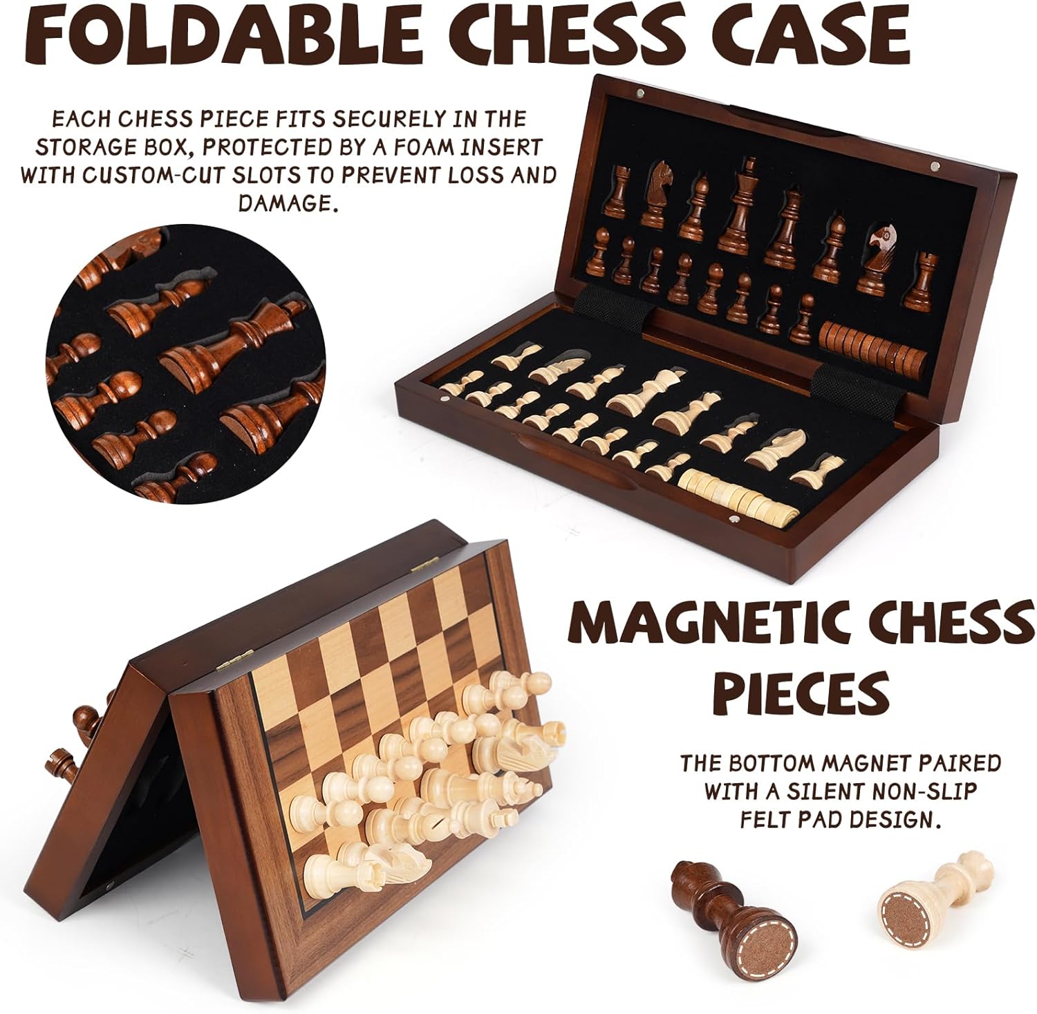 2 in 1 Magnetic Wooden Chess and Checkers Board Game Set, 12" Folding Chess Boards, Portable Travel Chess Sets with Pieces Storage Slots, Beginner Chess Game Set for Kids and Adults