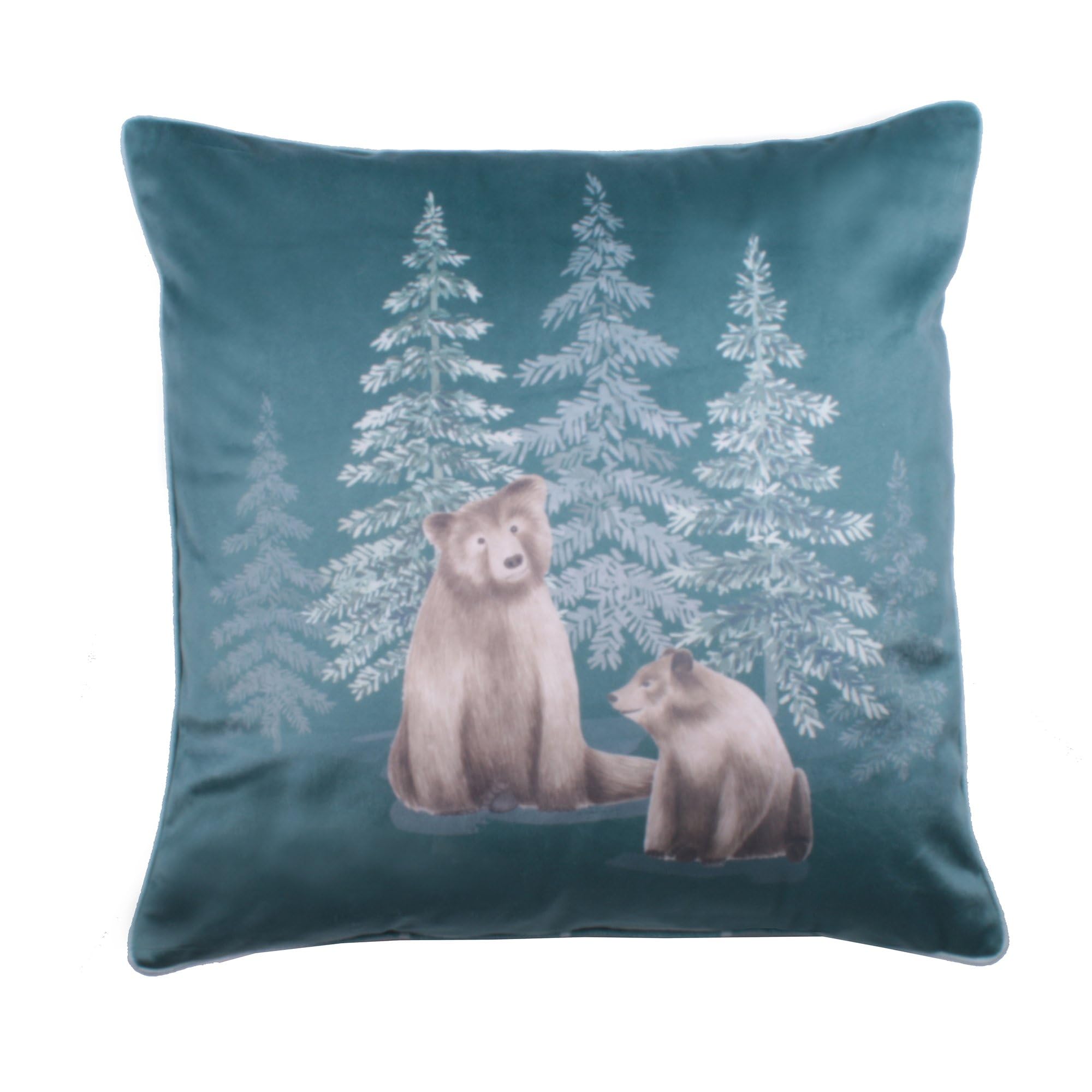Dreams & Drapes Woodland Bear Cushion 43 x 43cm – Blue Teal Velvet Cushion with Piped Edge, Forest Bear Design, Includes Cushion Insert