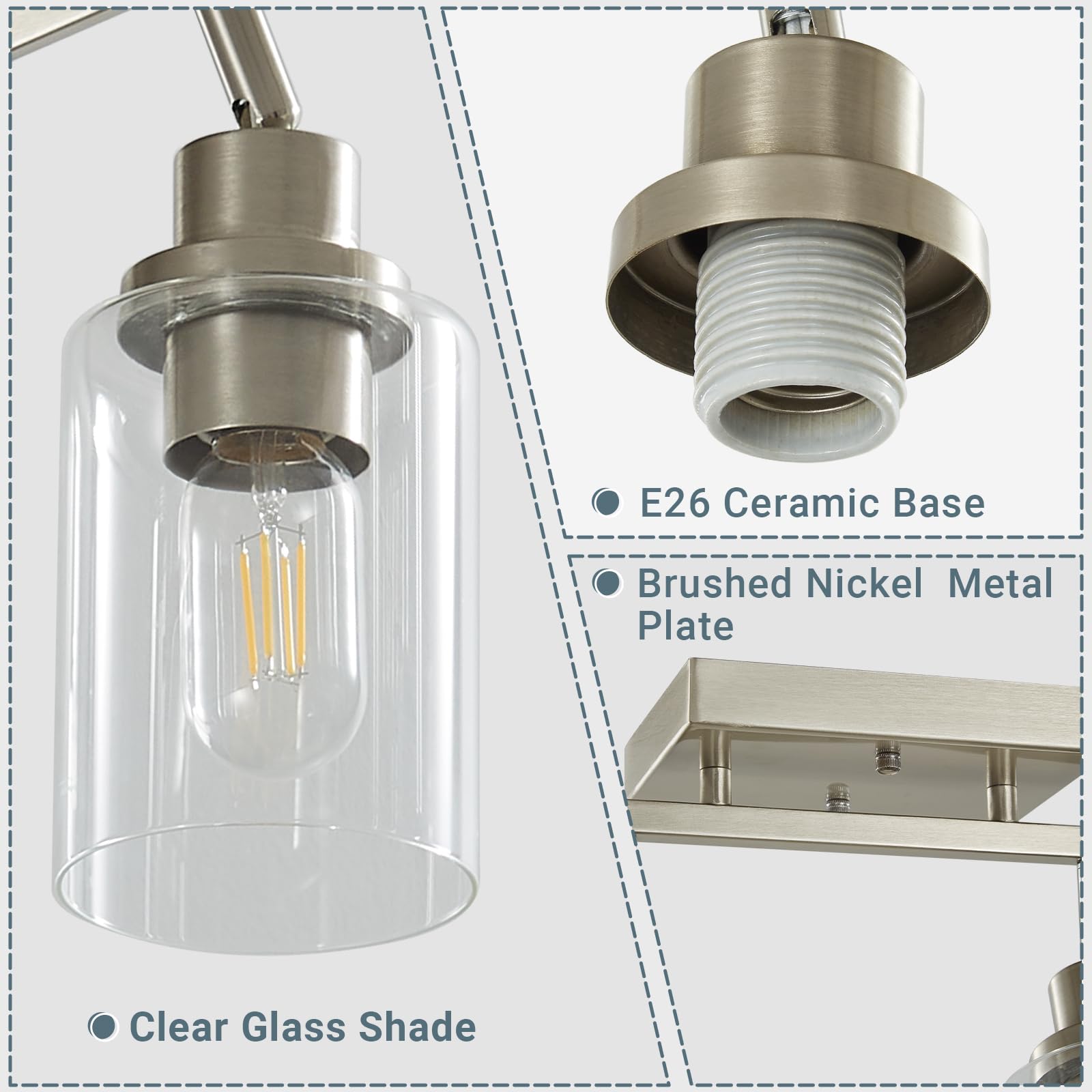 LOUSACE 5-flammiges Schienenbeleuchtungs-Set aus gebürstetem Nickel mit klarem Glas, moderne Schienenleuchten, bündig an der Decke, Tracking, Schminktischbeleuchtung, drehbarer Strahler für Küche
