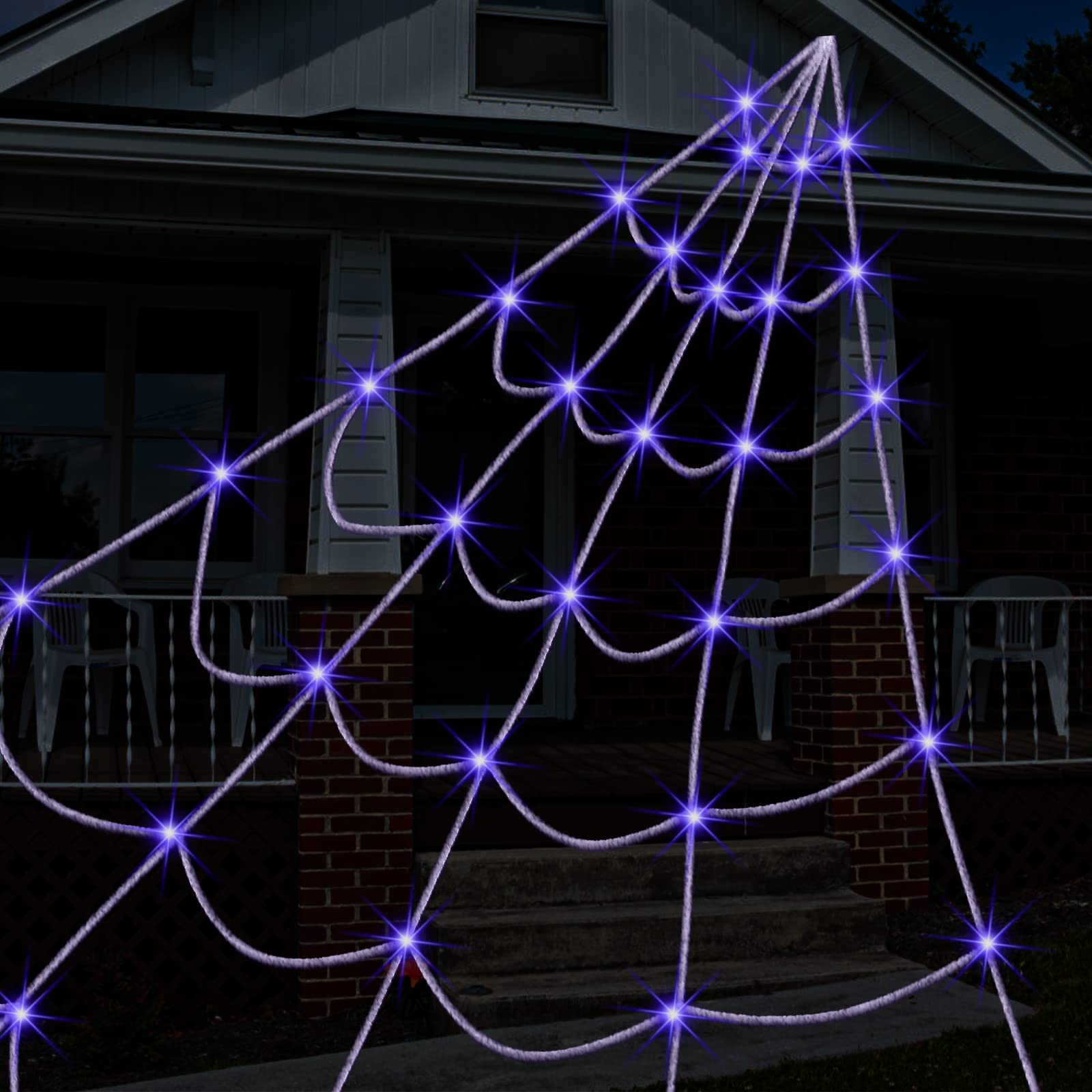 Liveasily Outdoor Halloween Decorations Spider Web Lights, 14.8x16.4 FT Triangular White Spider Web with 135 LED Purple Lights, Large Size Halloween Decor for Indoor or Outdoor
