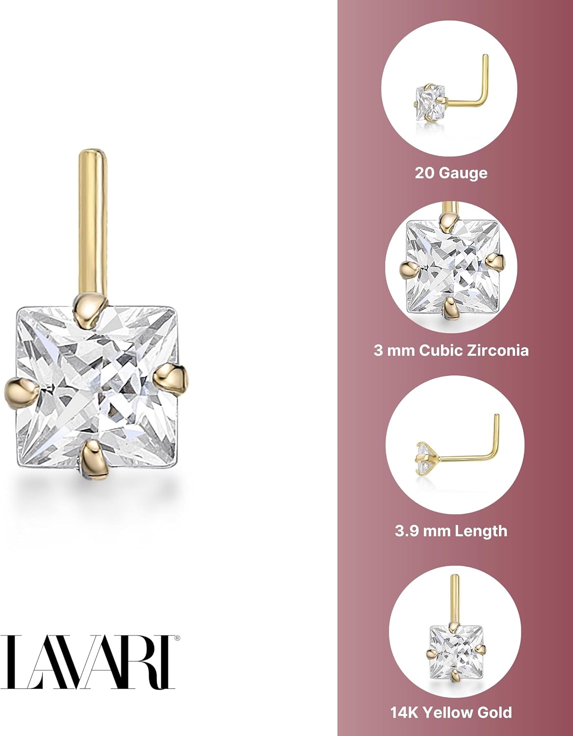 Lavari Jewelers 20 Gauge Straight Bone L-Shape or Curved Screw Nose Stud for Women - 14k Yellow Gold Princess Cut Cubic Zirconia Nose Ring - Unisex Nostril Piercing Jewelry - Body Piercing for Men
