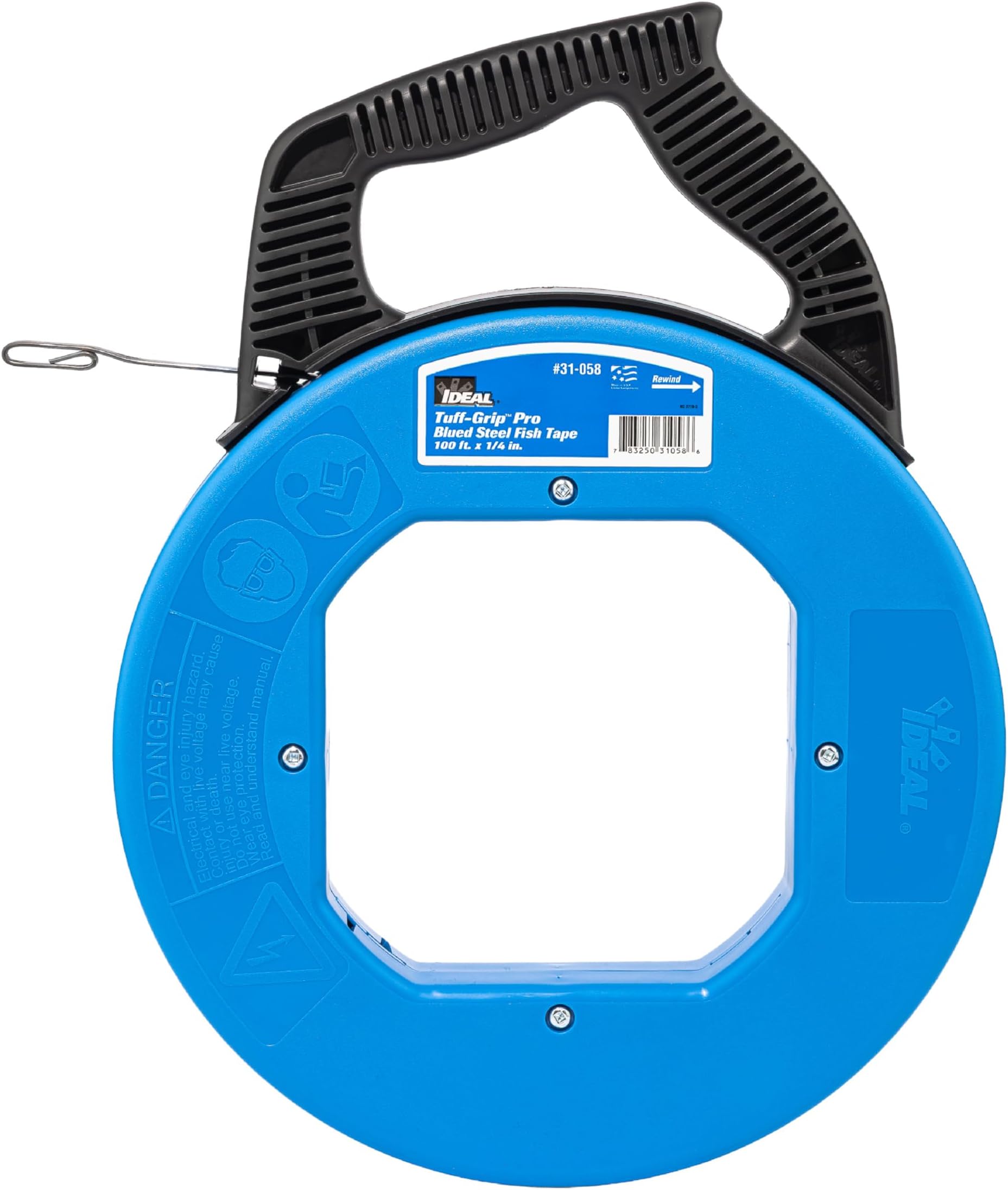 Ideal Electrical 31-058 Blued Steel Fish Tape 100 ft. Blued Steel Fish Tape w/Formed Hook & Tuff-Grip Pro Case, Non-Oily Finish, Laser Etched Increments