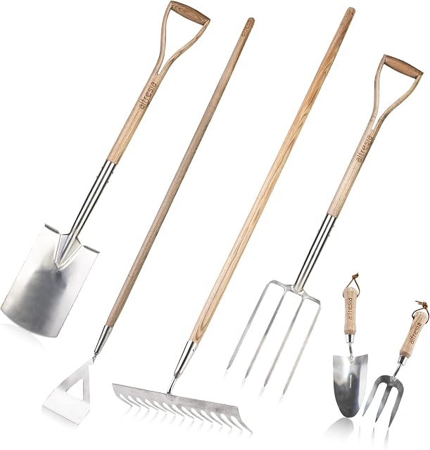Garden Hand Tools - Spade, Fork, Rake, Trowel and Mini Fork - Premium Quality Stainless Steel and Ash Wood for Beginner and Expert Gardeners (Complete Set)