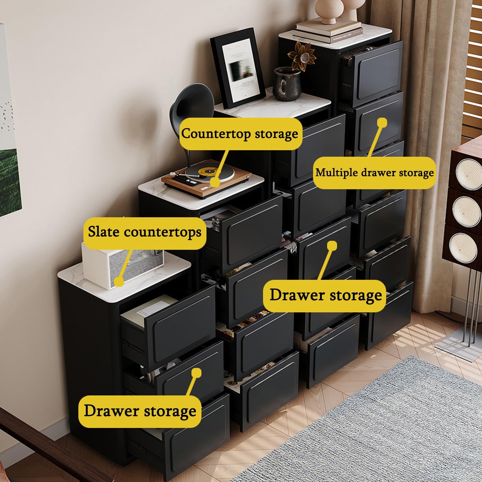 Aufbewahrungsschrank, Kommode, Schwarze Schubladenschrank, Holz Kommode, Mit Schiefertischplatte, Schubladenschrank Schmal, for Wohnzimmer, Eingangsbereich, Flur(5 Drawers Length 40cm)