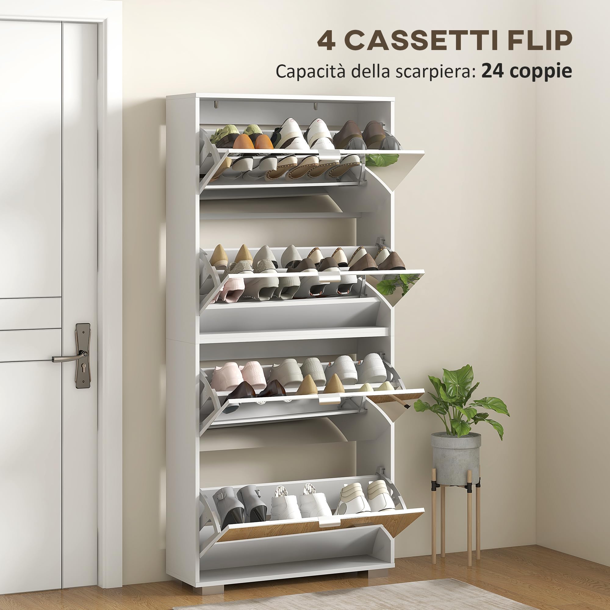 HOMCOM Scarpiera Salvaspazio con Specchio e 4 Cassetti a Ribalta, Mobile Portascarpe Slim per 24 Paia di Scarpe per Ingresso e Camera, 76x26x178cm, Bianco