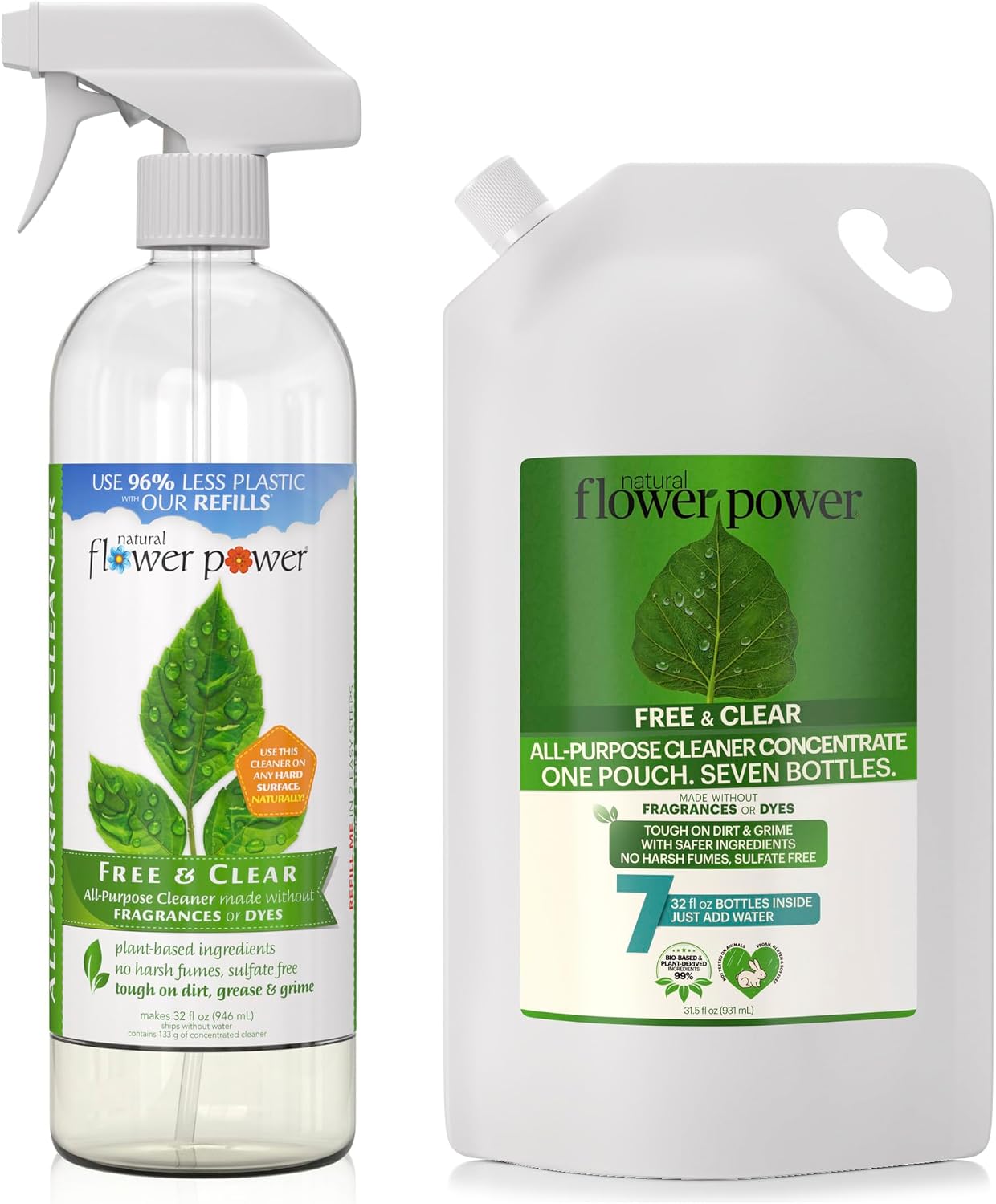 Natural Flower Power All-Purpose Cleaner Bundle – Free & Clear | Spray Bottle + Refill (Makes 8 Bottles) – Unscented, Plant-Derived, Sulfate-Free & Vegan Hard Surface Cleaner