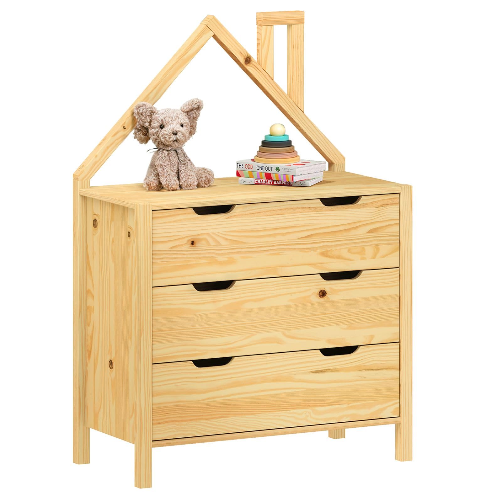 IDIMEX Commode Enfant ELANO en Bois Massif Coloris Naturel avec 3 Tiroirs de Rangement, 84 x 120 x 41 cm, Meuble Chambre en Forme de Maison, Style Montessori, pour Fille ou garçon