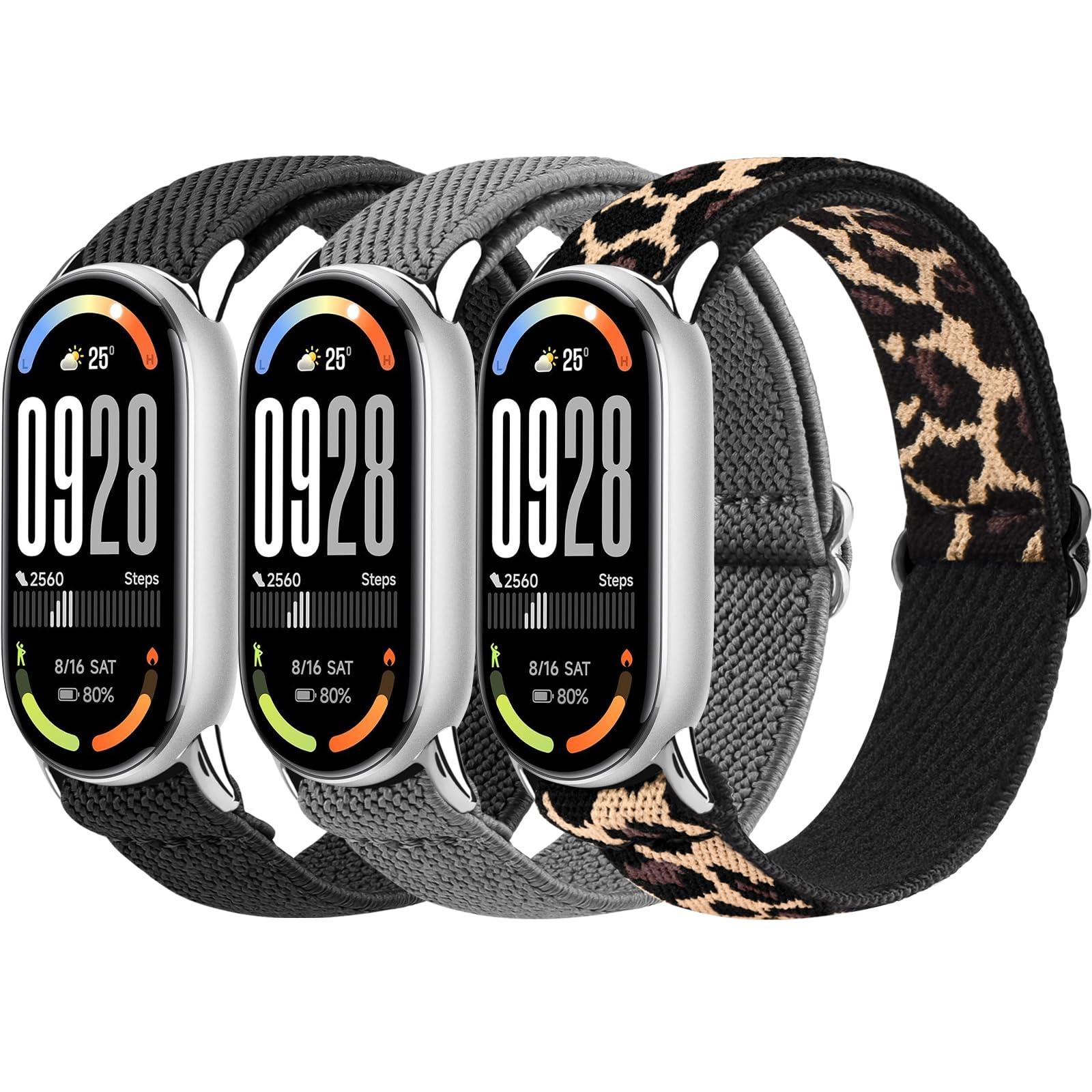 Oumida 3 Stück Elastisch Armband für Xiaomi Smart Band 8/9 / 10 Armbänder Damen Herren, Robuster Metallkopf, Verbessertes Nylon Uhrenarmband, Sport Ersatzarmband für Xiaomi Mi Band 10/9/ 8